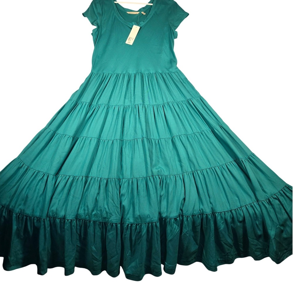 Soft Surroundings Kara Dress Tropical Green Tiered Maxi Knit Short Sleeve M - Picture 4 of 10